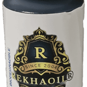 A white container with a black lid and ornate gold lettering.