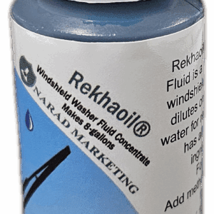 A container labeled Rekhaoil Windshield Washer Concentrate with usage instructions.