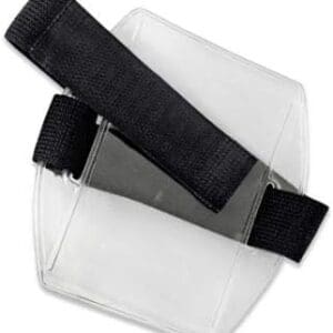 Clear plastic arm band with black straps.