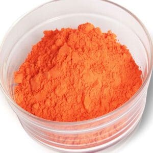 Bright orange powder in a clear plastic container.