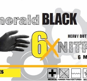 Black nitrile gloves packaging with text.