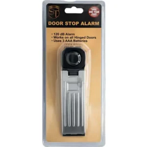 Door stop alarm in retail packaging.