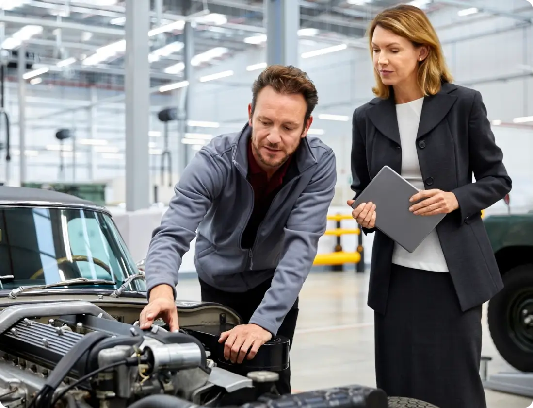 Man and woman inspecting car engine together.