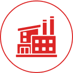 Red factory icon on white circle background.