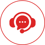 Red headset icon with chat bubble.