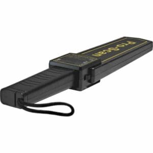 Handheld metal detector with a wrist strap, used for security screening.