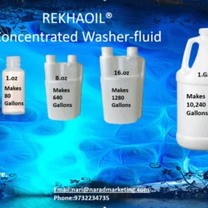 Concentrated washer fluid bottles showing dilution levels for various gallons.
