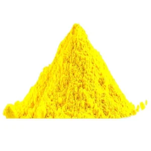 A vibrant yellow powder mound on a white background.