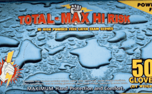 Blue Total-Max Hi Risk gloves with water droplets showcasing waterproof feature.