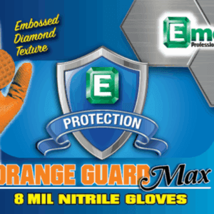 Orange nitrile gloves packaging with texture features.
