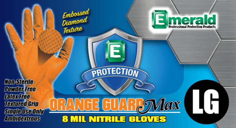 Orange nitrile gloves packaging with texture features.