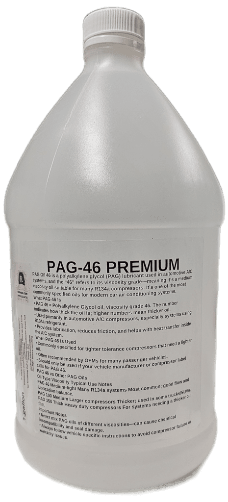 Bottle of PAG-46 Premium lubricant for air conditioning systems.